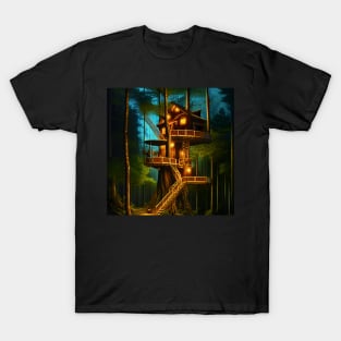 Magical Cottage Tree House with Lights in Forest with High Trees, Scenery Nature T-Shirt